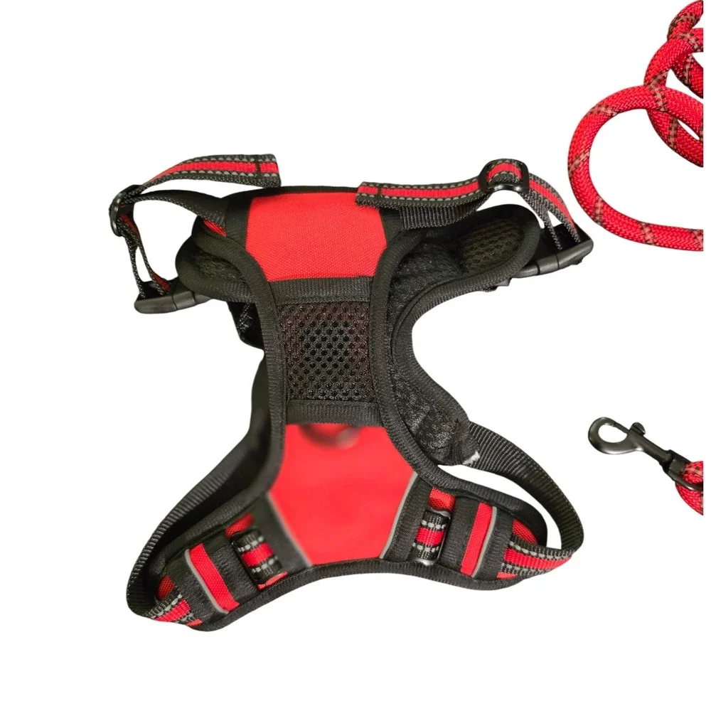 Red Reflective Dog Harness and Rope‎ Leash Set with Waste Bag Holder Size S